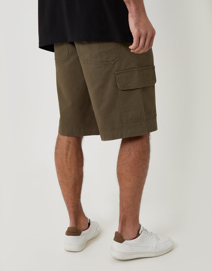 Threadbare Baggy Fit Cotton Cargo Shorts in Khaki Green - side view