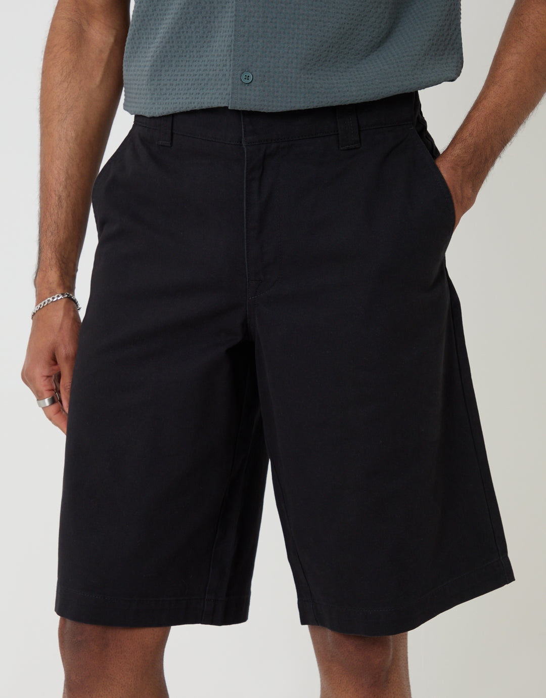 Threadbare Baggy Fit Cotton Chino Shorts in Black - front view close up