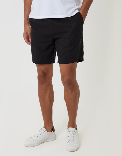 Threadbare Shorter Length Elasticated Waist Linen Blend Shorts in Black - front view