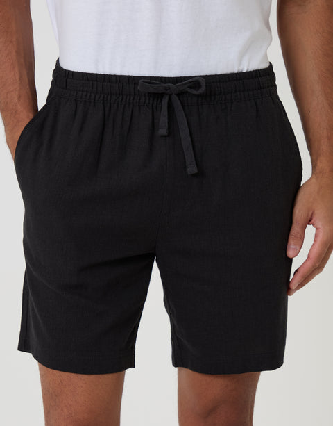 Threadbare Shorter Length Elasticated Waist Linen Blend Shorts in Black - front view close up