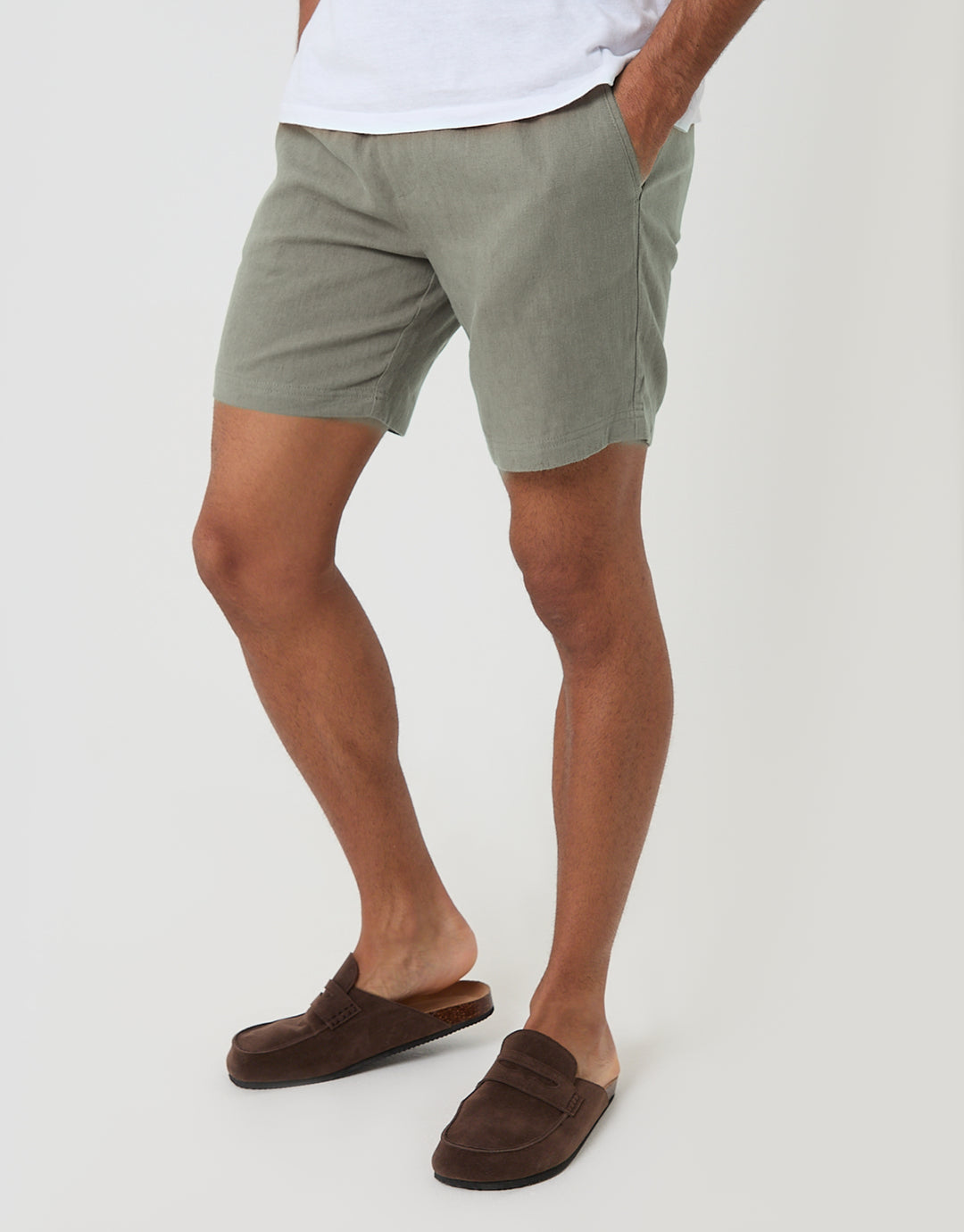 Threadbare Shorter Length Elasticated Waist Linen Blend Shorts in Sage Green - front view