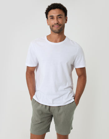 Threadbare Shorter Length Elasticated Waist Linen Blend Shorts in Sage Green - T-shirt pairing
