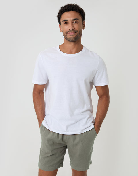 Threadbare Shorter Length Elasticated Waist Linen Blend Shorts in Sage Green - T-shirt pairing