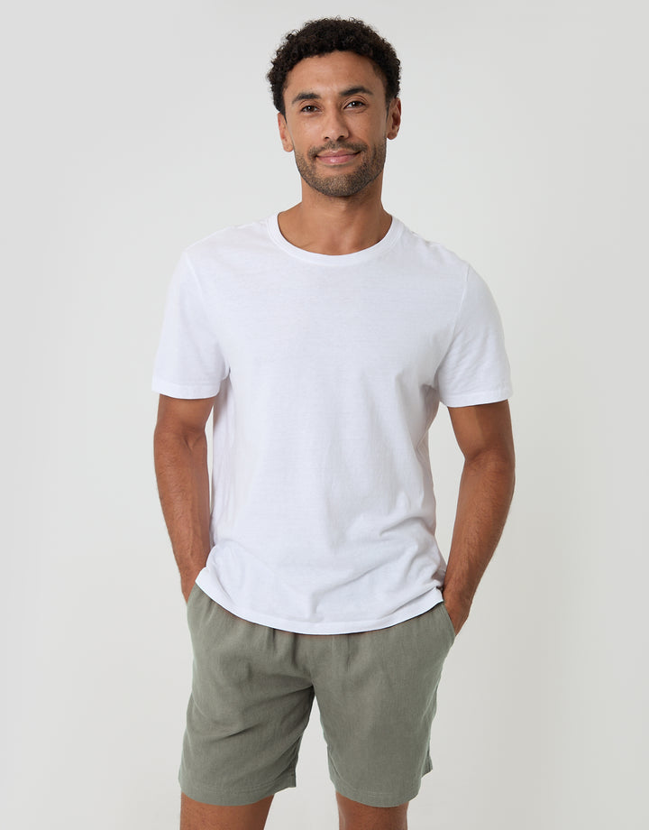 Threadbare Shorter Length Elasticated Waist Linen Blend Shorts in Sage Green - T-shirt pairing