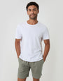 Threadbare Shorter Length Elasticated Waist Linen Blend Shorts in Sage Green - T-shirt pairing