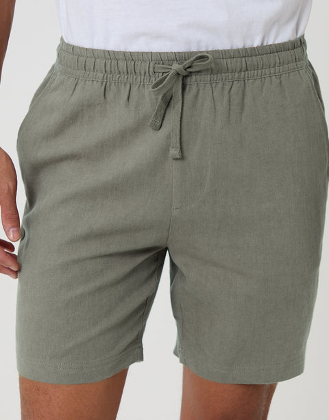 Threadbare Shorter Length Elasticated Waist Linen Blend Shorts in Sage Green - front view close up