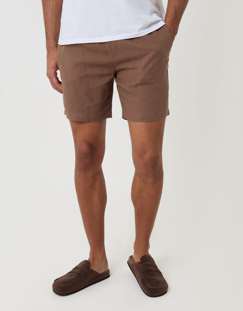 Threadbare Shorter Length Elasticated Waist Linen Blend Shorts in Brown - front view
