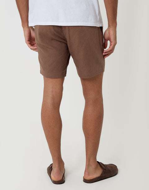 Threadbare Shorter Length Elasticated Waist Linen Blend Shorts in Brown - back view
