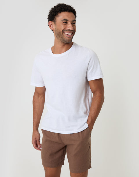 Threadbare Shorter Length Elasticated Waist Linen Blend Shorts in Brown - T-shirt pairing