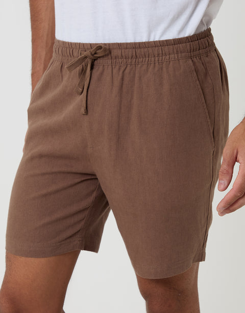 Threadbare Shorter Length Elasticated Waist Linen Blend Shorts in Brown - front view close up