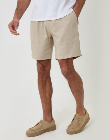 Threadbare Shorter Length Elasticated Waist Linen Blend Shorts in Stone - front view