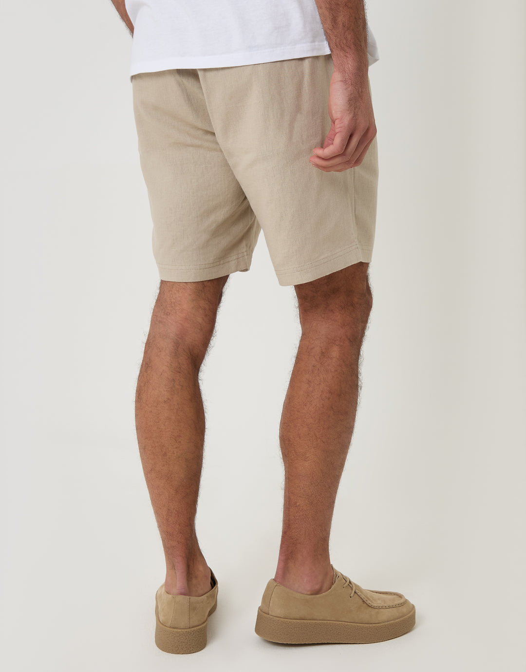 Threadbare Shorter Length Elasticated Waist Linen Blend Shorts in Stone - back view