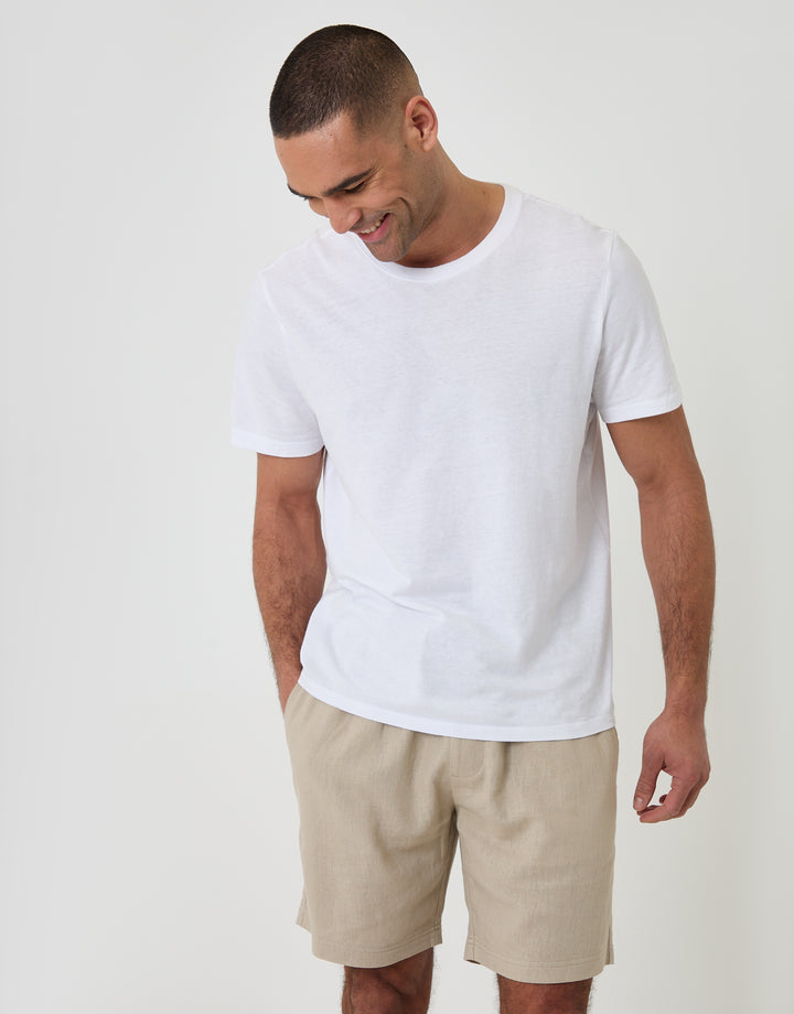Threadbare Shorter Length Elasticated Waist Linen Blend Shorts in Stone - T-shirt pairing