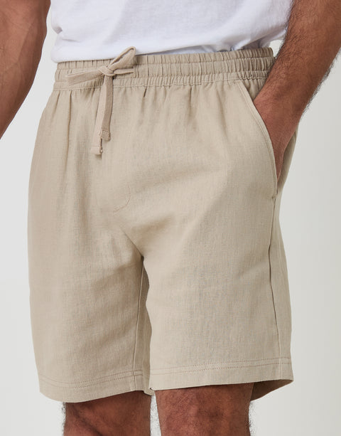 Threadbare Shorter Length Elasticated Waist Linen Blend Shorts in Stone - front view close up