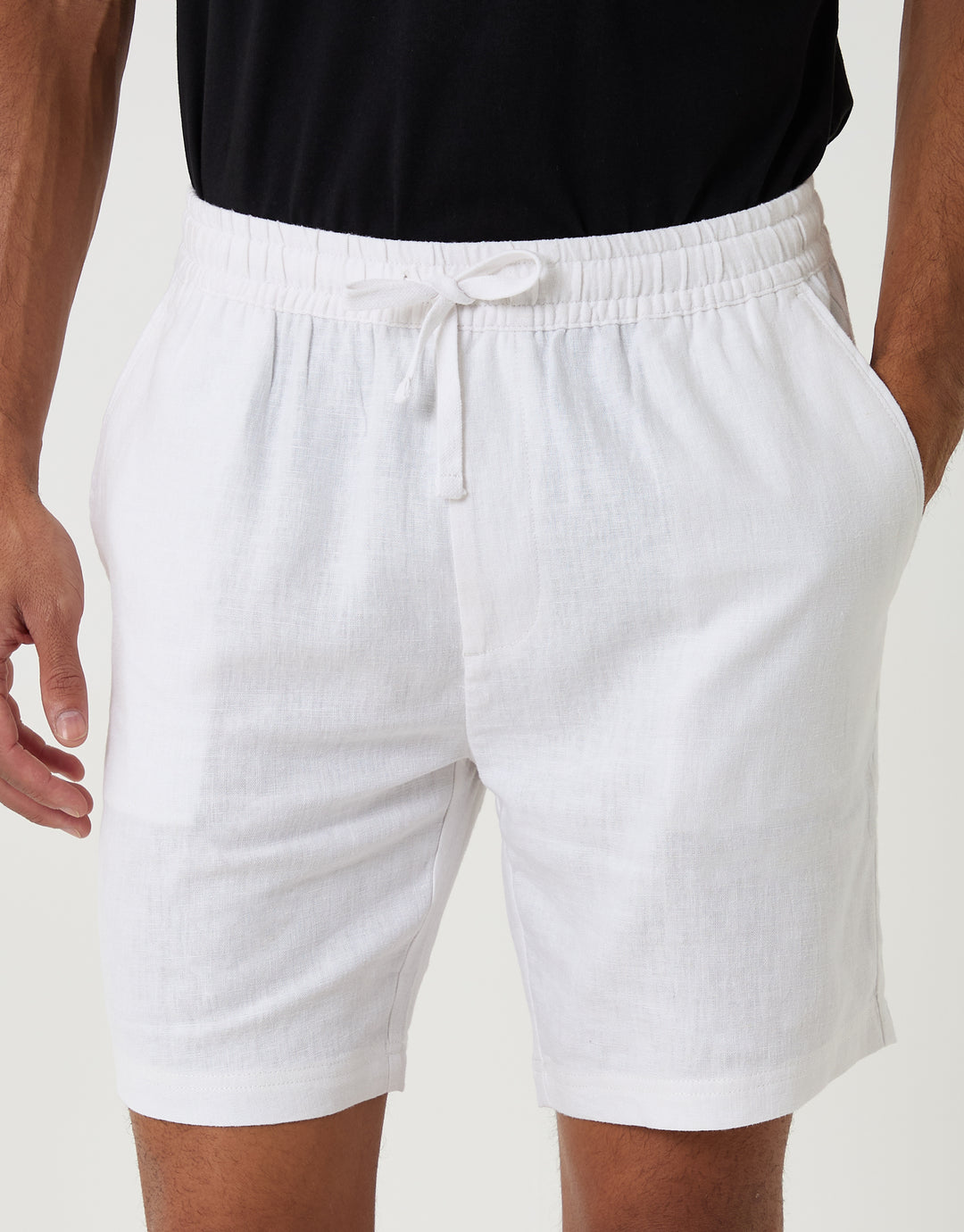 Threadbare Shorter Length Elasticated Waist Linen Blend Shorts in White - front view close up