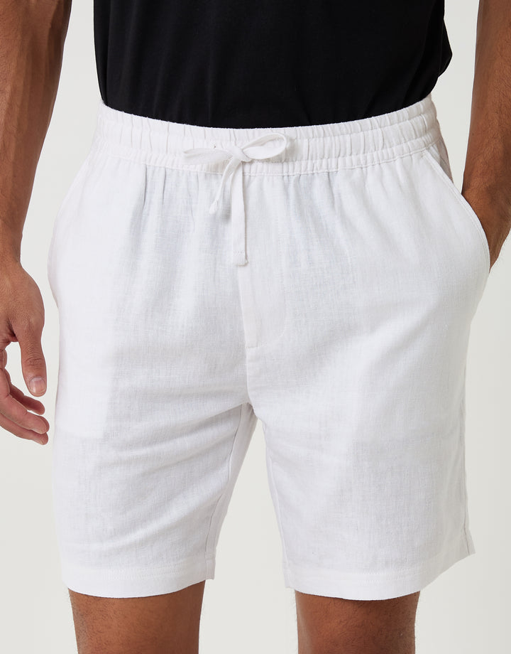Threadbare Shorter Length Elasticated Waist Linen Blend Shorts in White - front view close up
