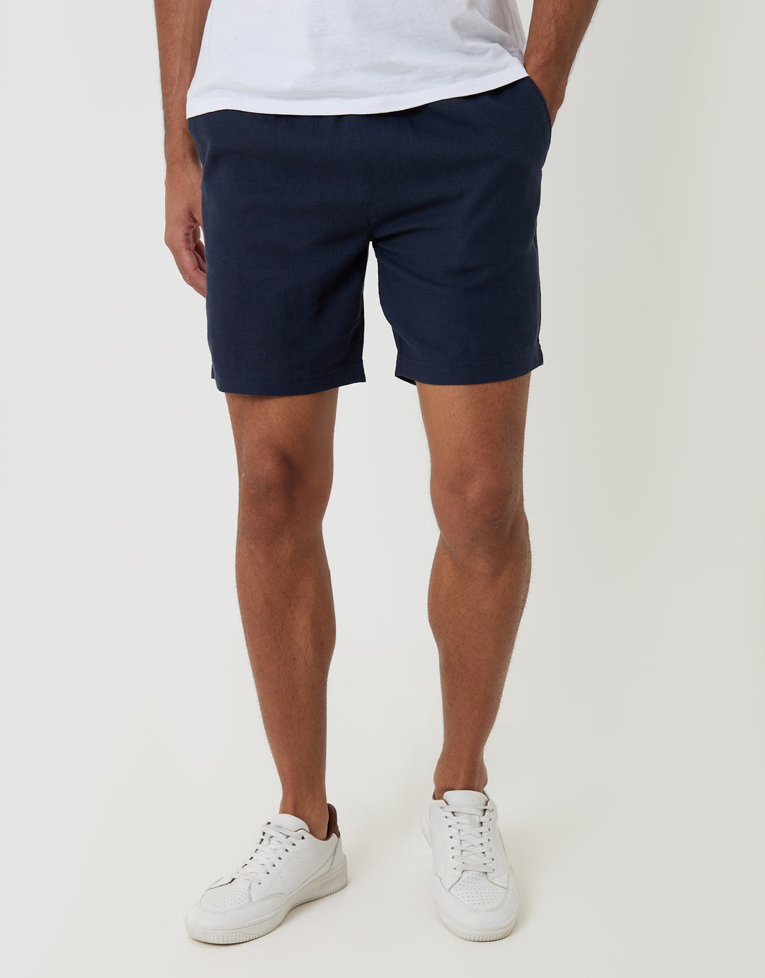 Threadbare Shorter Length Elasticated Waist Linen Blend Shorts in Navy - front view