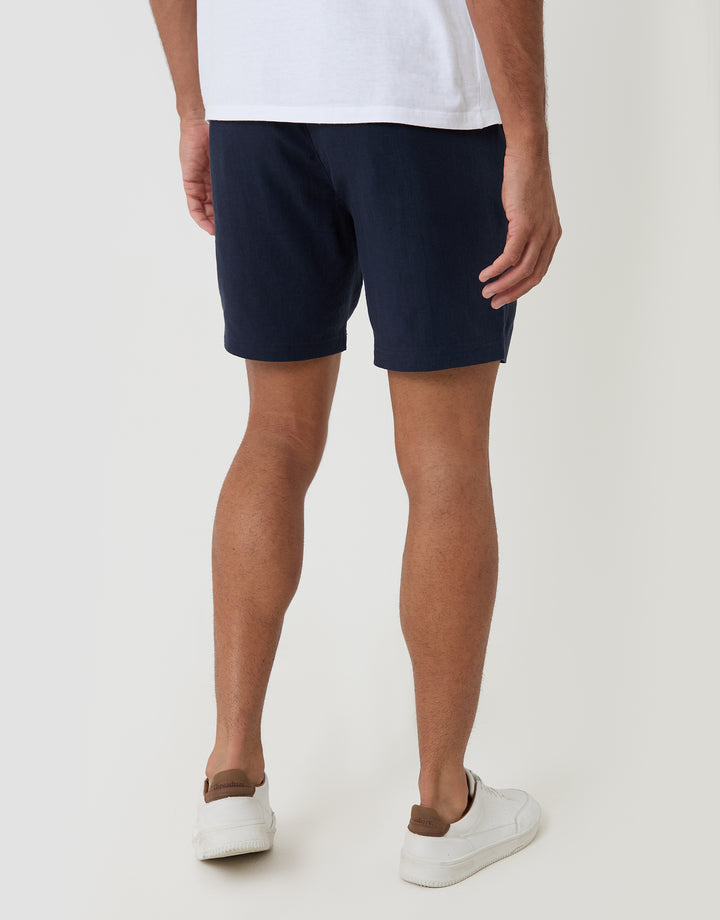Threadbare Shorter Length Elasticated Waist Linen Blend Shorts in Navy - back view