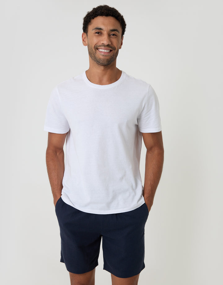 Threadbare Shorter Length Elasticated Waist Linen Blend Shorts in Navy - T-shirt pairing