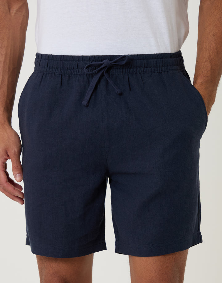 Threadbare Shorter Length Elasticated Waist Linen Blend Shorts in Navy - front view close up
