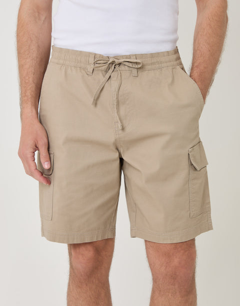Threadbare Regular Fit Textured Cargo Shorts in Stone - close up