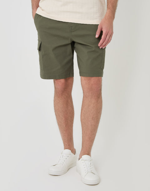 Threadbare Regular Fit Textured Cargo Shorts in Olive Green - front view
