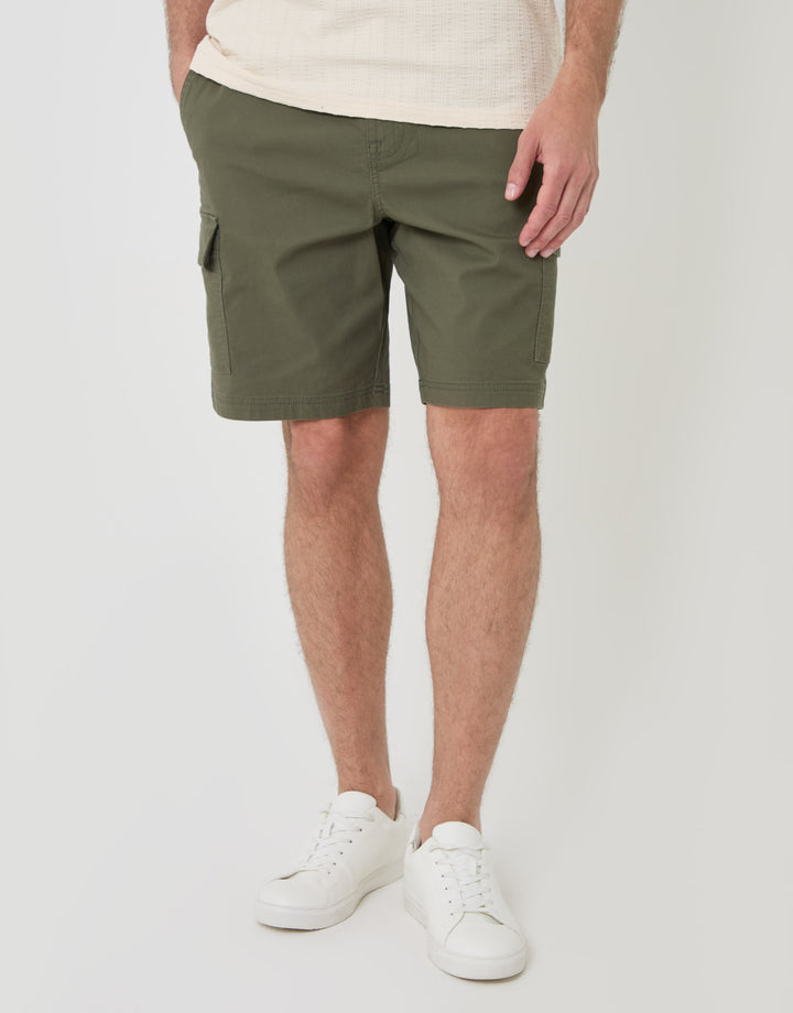 Threadbare Regular Fit Textured Cargo Shorts in Olive Green - front view
