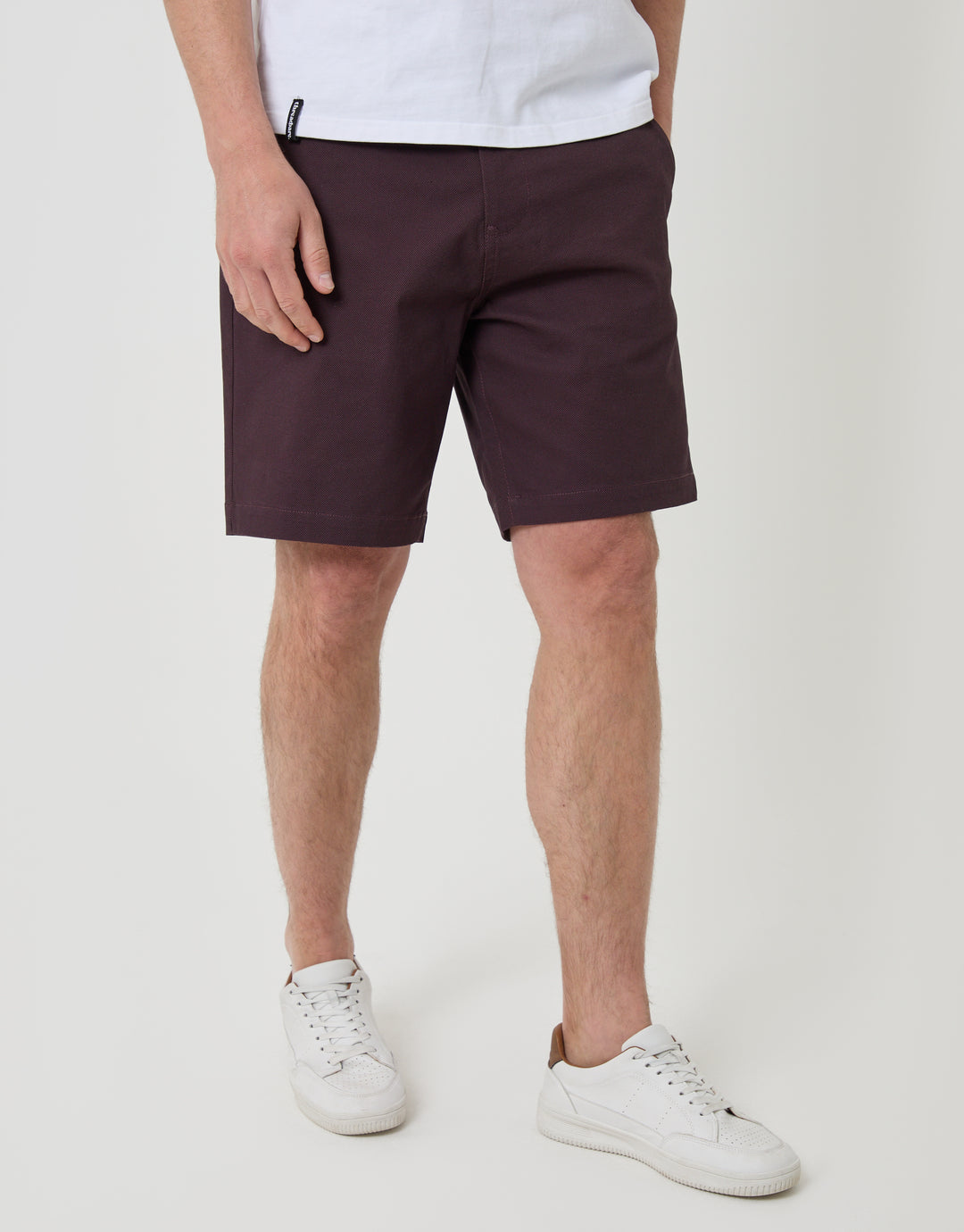 Threadbare Patterned Regular Fit Stretch Chino Shorts with Belt in Burgundy - front view
