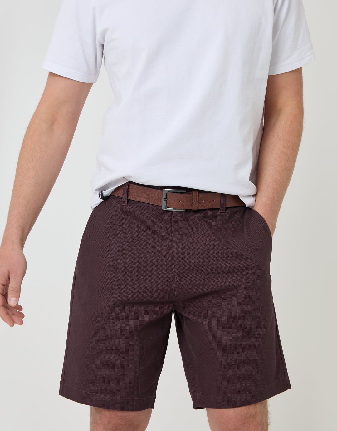 Threadbare Patterned Regular Fit Stretch Chino Shorts with Belt in Burgundy - close up