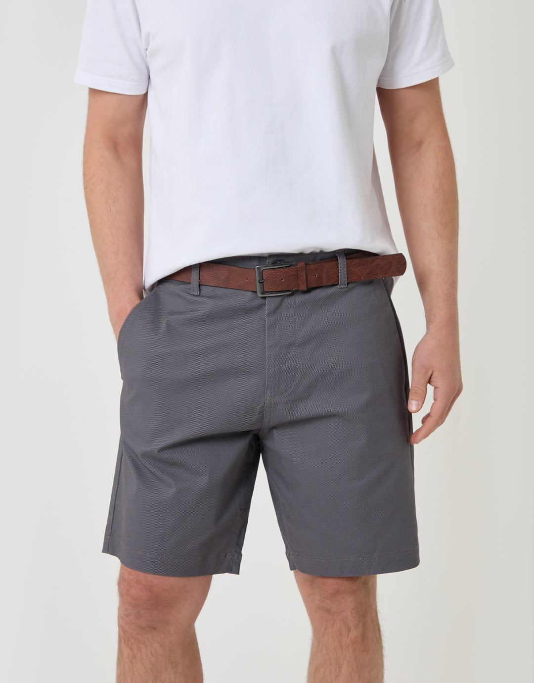 Threadbare Patterned Regular Fit Stretch Chino Shorts with Belt in Slate Grey - close up