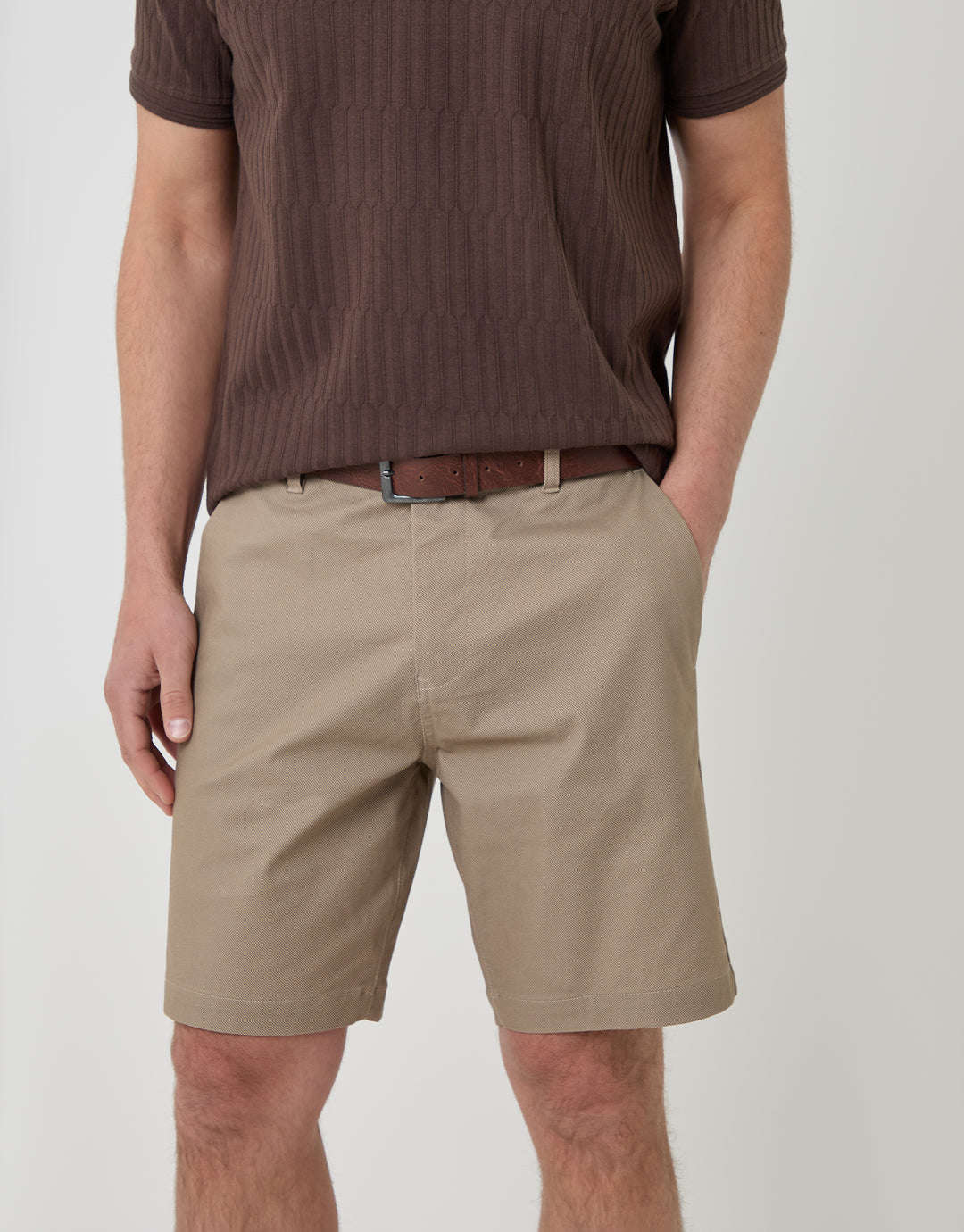 Threadbare Patterned Regular Fit Stretch Chino Shorts with Belt in Stone -  close up