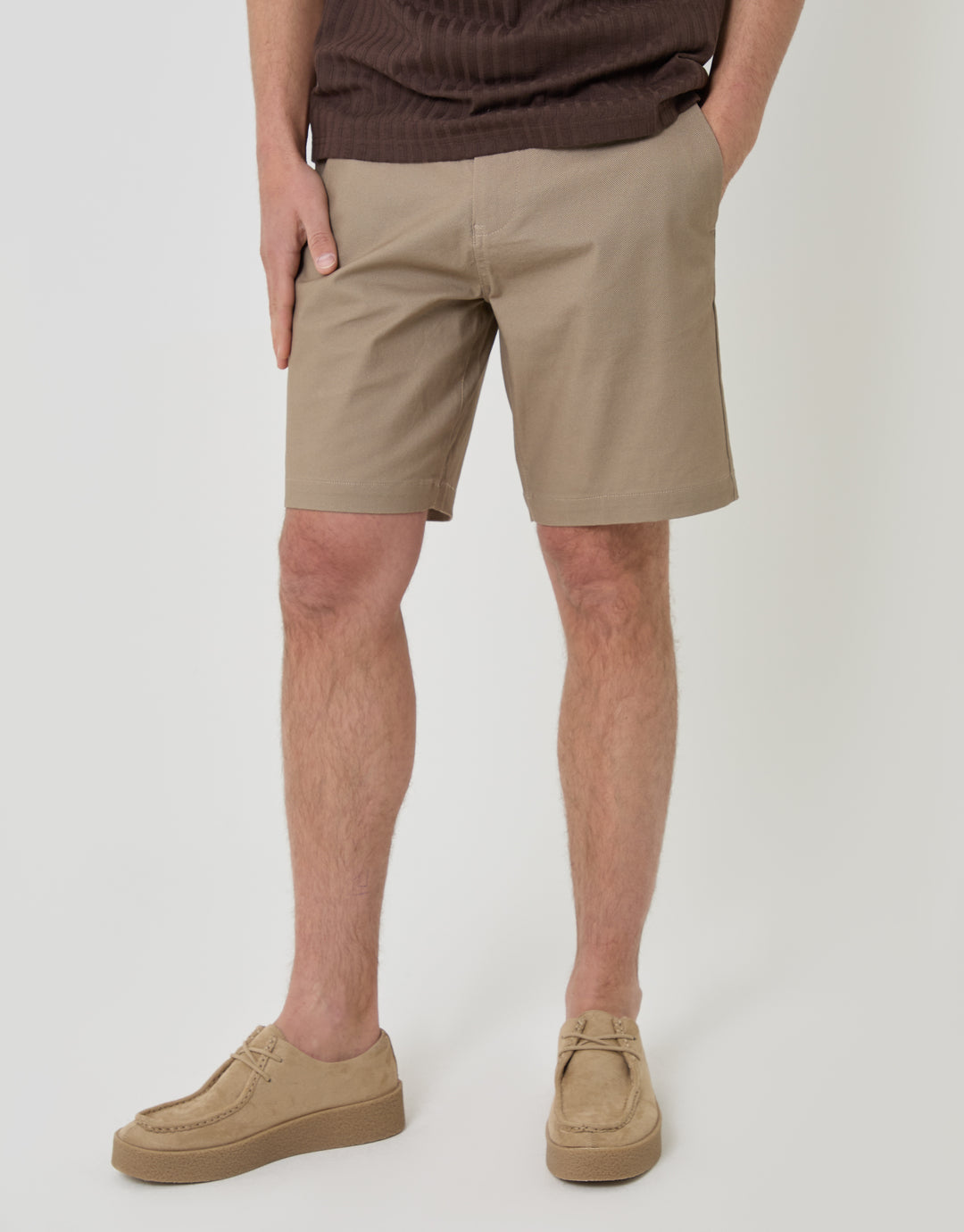 Threadbare Patterned Regular Fit Stretch Chino Shorts with Belt in Stone -  front view