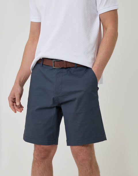 Threadbare Patterned Regular Fit Stretch Chino Shorts with Belt in Navy - close up
