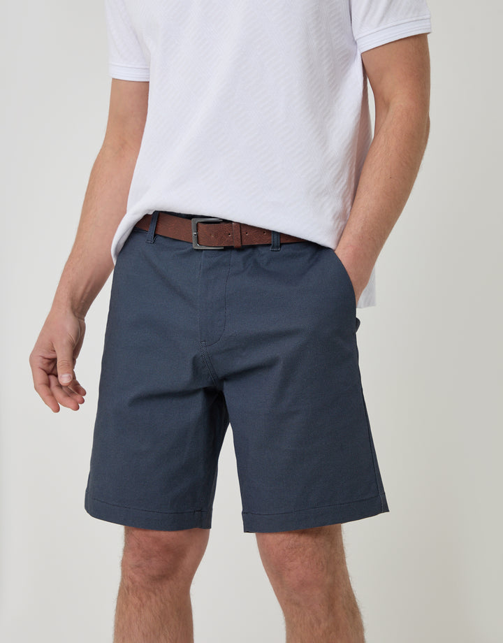 Threadbare Patterned Regular Fit Stretch Chino Shorts with Belt in Navy - close up