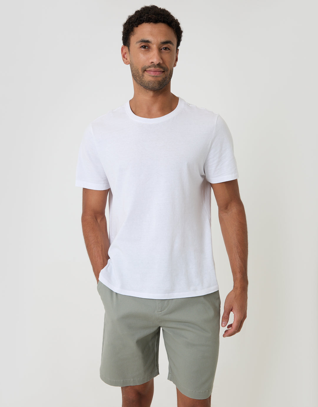 Threadbare Regular Fit Stretch 3 Pocket Chino Shorts in Sage Green - T-shirt pairing