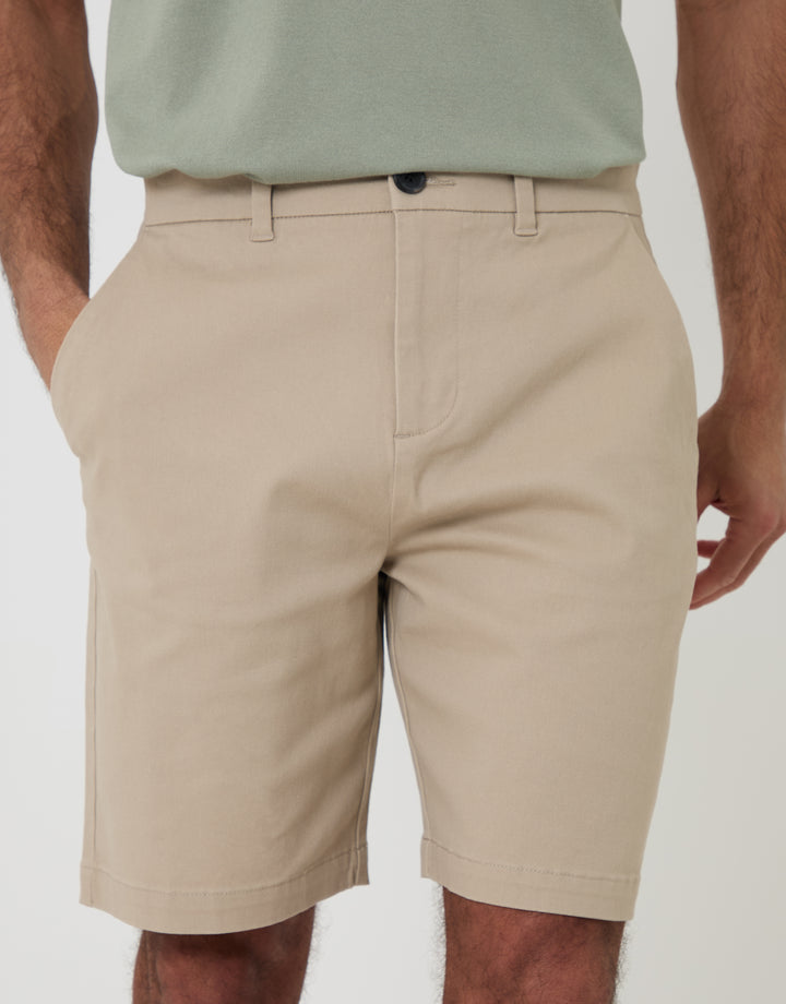 Threadbare Regular Fit Stretch 3 Pocket Chino Shorts in Stone - front view close up