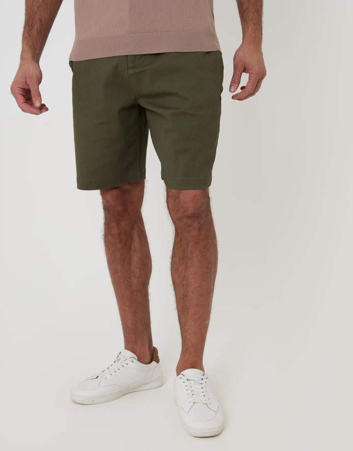 Threadbare Regular Fit Stretch 3 Pocket Chino Shorts in Khaki Green - front view