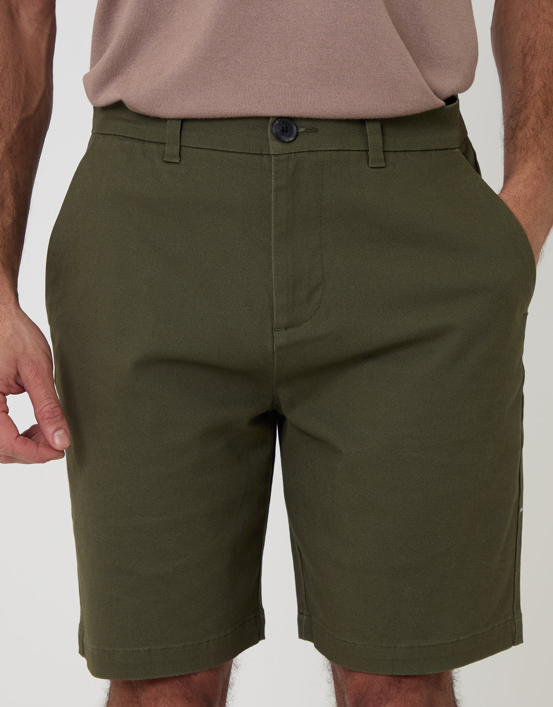 Threadbare Regular Fit Stretch 3 Pocket Chino Shorts in Khaki Green - front view close up