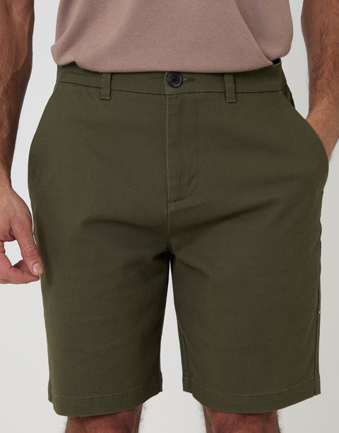 Threadbare Regular Fit Stretch 3 Pocket Chino Shorts in Khaki Green - front view close up