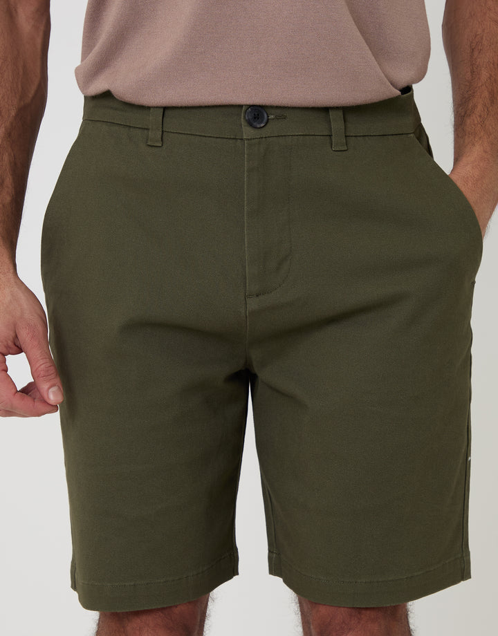 Threadbare Regular Fit Stretch 3 Pocket Chino Shorts in Khaki Green - front view close up