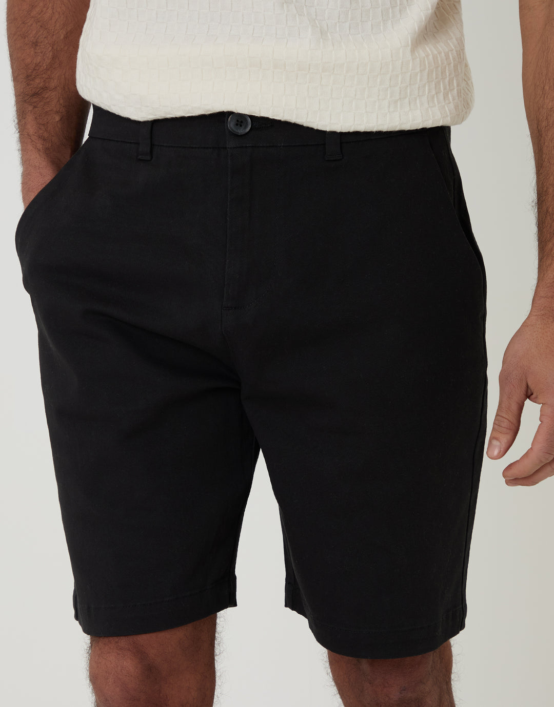 Threadbare Regular Fit Stretch 3 Pocket Chino Shorts in Black - front view close up