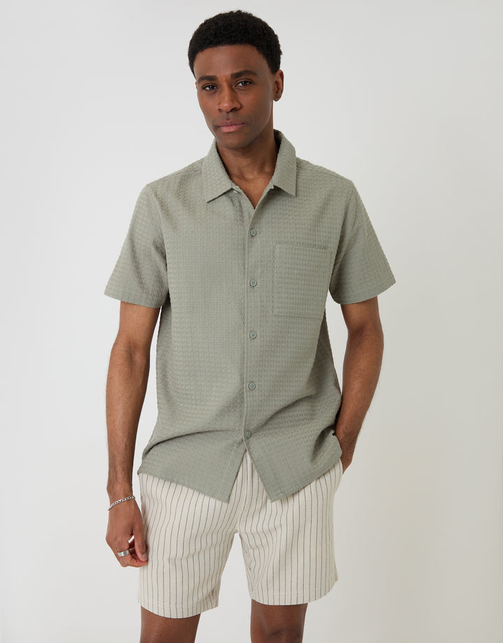 Threadbare Shorter Length Stripe Cotton Shorts in Stone - full View