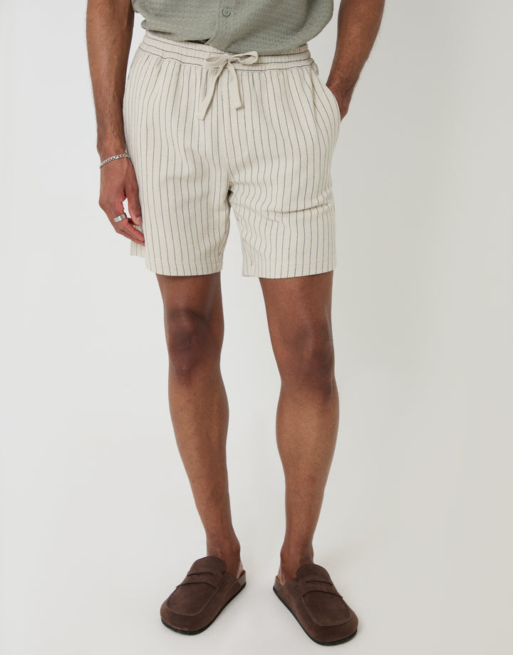Threadbare Shorter Length Stripe Cotton Shorts in Stone - Front View