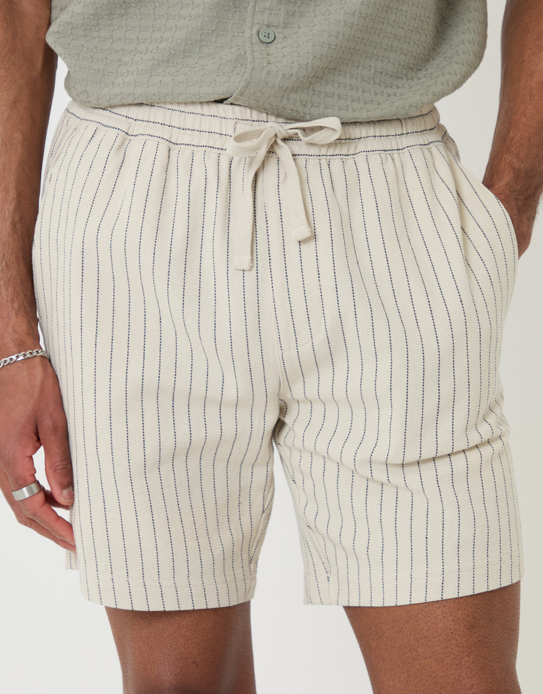 Threadbare Shorter Length Stripe Cotton Shorts in Stone - Close View