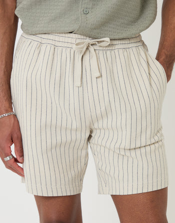 Threadbare Shorter Length Stripe Cotton Shorts in Stone - Close View