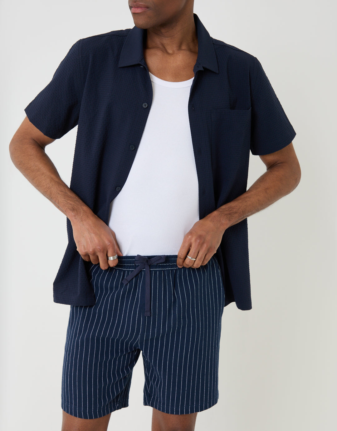 Threadbare Shorter Length Stripe Cotton Shorts in Navy - outfit close up