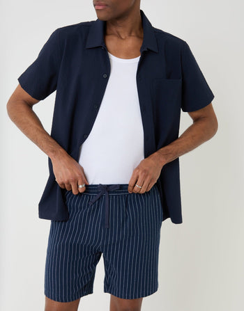 Threadbare Shorter Length Stripe Cotton Shorts in Navy - outfit close up