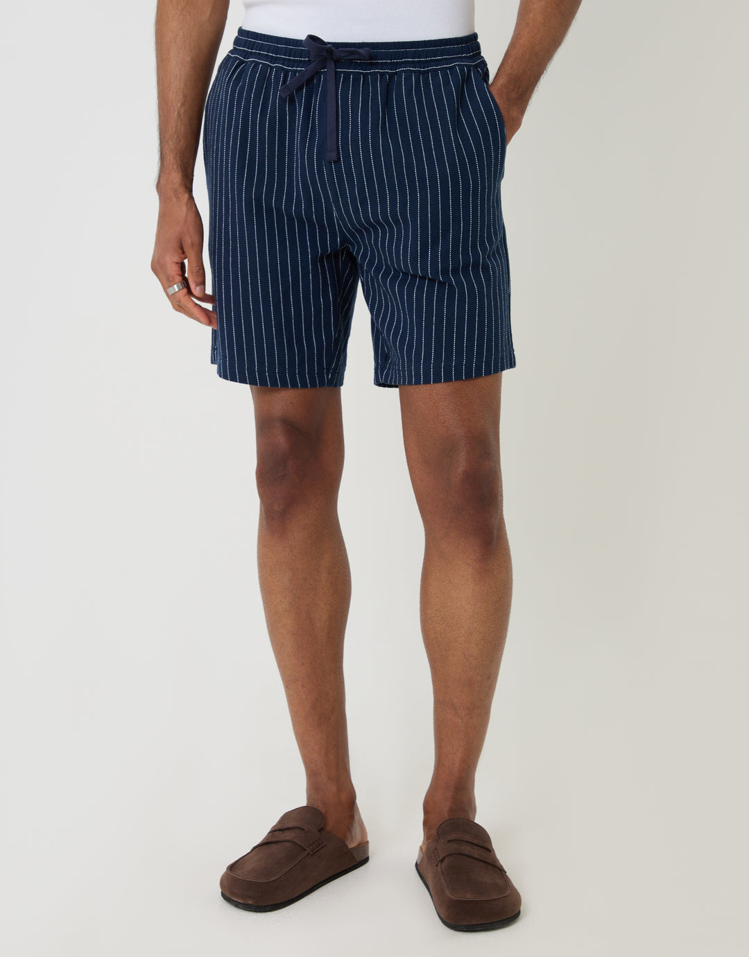 Threadbare Shorter Length Stripe Cotton Shorts in Navy - front view