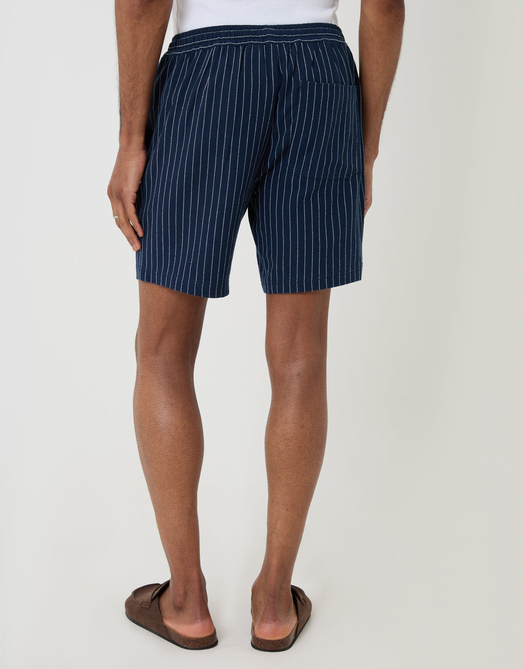 Threadbare Shorter Length Stripe Cotton Shorts in Navy - back view