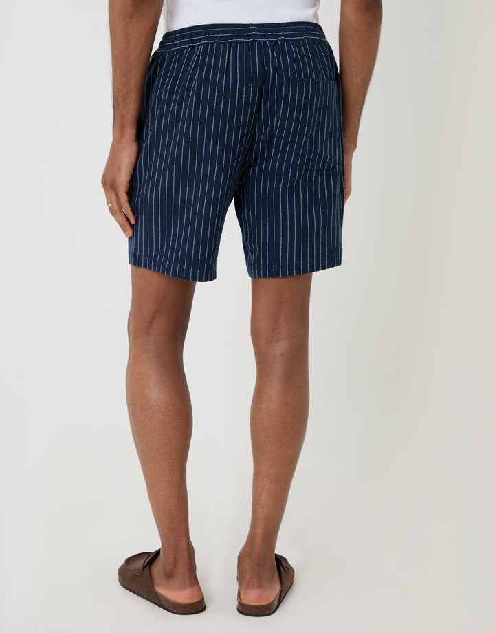 Threadbare Shorter Length Stripe Cotton Shorts in Navy - back view